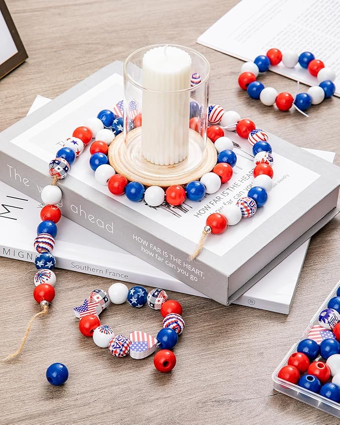 Goldwise 120Pcs 4th of July Wooden Beads Garland, Patriotic Red White Blue Beads for DIY Crafts, Independence Day Wood Beads with American Flag Stars for Bracelets Necklaces Tiered Tray Decor