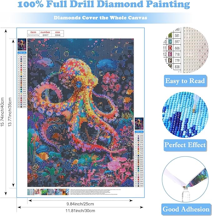 Colorful Octopus Diamond Art Kits for Adults, Animal 5D Diamond Painting for Beginners, Diamond Dot, Dimond Art Paintings Kit, Gem Painting Kit, Crafts for Adults, Home Wall Decor Gifts (12x16inch)