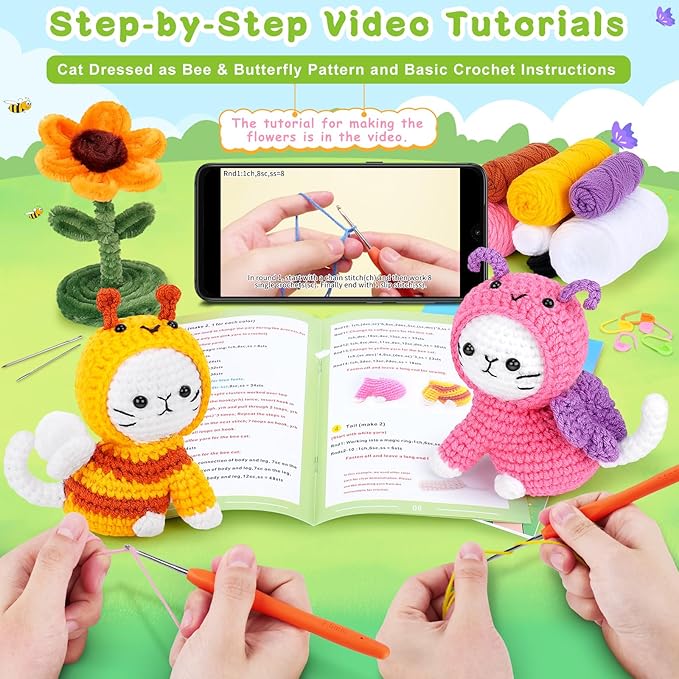 Cats Crochet Kit for Beginners, 2PCS Cats Dressed as Bee and Butterfly Crochet Kits with Step-by-Step Video Tutorials, Beginner Crochet Kits for Adults, Cat Crocheting Kit Gifts for Birthday