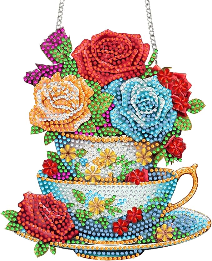 Bimkole Coffee Cup Diamond Art Hanging Kit for Adult, DIY 5D Diamond Art Flower Window Pendant, Acrylic Crystal Art Hanging Ornament Home Wall Garden Front Door Sign Outdoor Decor 7.8x7.8 Inch
