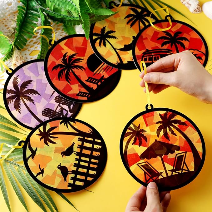 30 Pcs Tropical Palm Tree Craft Set Summer Beach Hawaiian Coconut Tree Suncatchers DIY Stained Glass Effect Tissue Paper Kits Gift Bulk for Luau Activities Art Party Decor