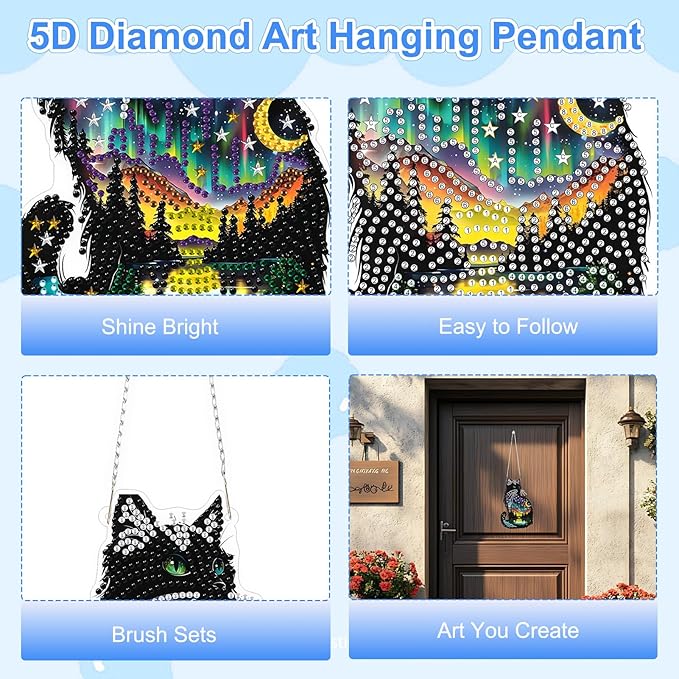 TOSTOG Aurora Kitten Diamond Art Pendant Kits for Adult, Star Diamond Painting Hanging Kit for Beginners, 5D DIY Crafts Gem Art, Waterproof Full Accessories for Home Decor Idea 20 * 20 cm/8 * 8 in