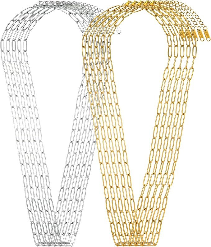 Swyabi 10 PCS Paperclip Chain Necklace Kit 18Inch Stainless Steel Charm Bulk Chains with Extender for DIY Jewelry Making Supplies Accessories (Gold + Steel