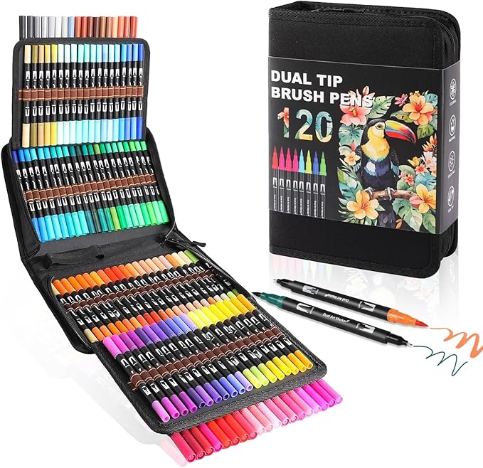 Dual Tip Markers, Brush Art Markers Set with Fine Tip and Brush Tip for Adult Coloring Book, Hand Lettering, Calligraphy & Drawing, Professional Art Supplies Kit for Adults (120 Colors)