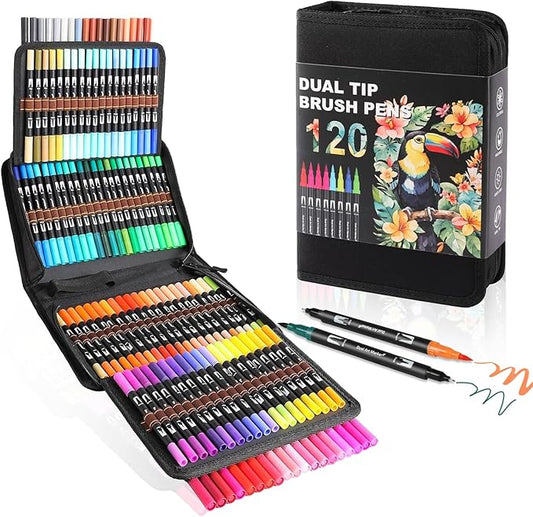 Dual Tip Markers, Brush Art Markers Set with Fine Tip and Brush Tip for Adult Coloring Book, Hand Lettering, Calligraphy & Drawing, Professional Art Supplies Kit for Adults (120 Colors)