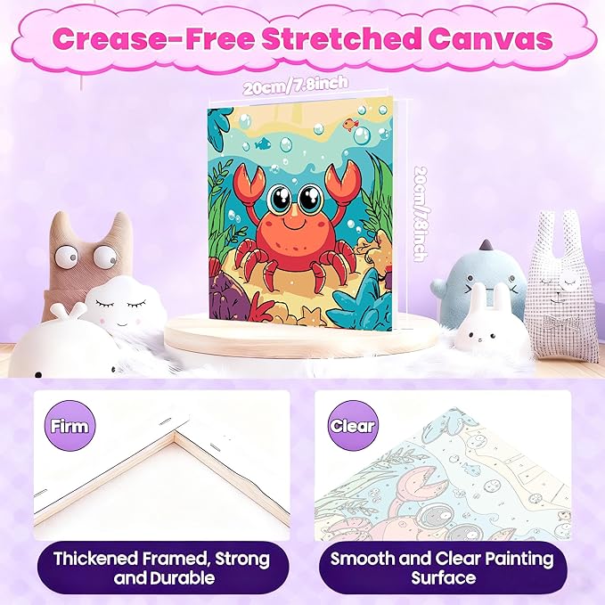 Gemozaic Paint by Numbers Kit for Kids with Frame and Easel, Cute Crab Kids Paint by Number on Canvas for Age 4-8, 8x8 Inch