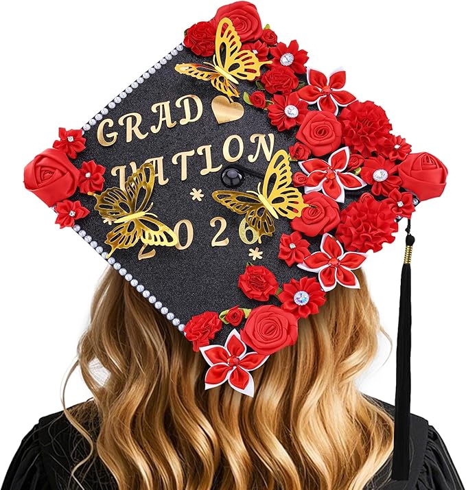 VISSTREE DIY Graduation Cap Decoration, 56 Pcs Cap Decorations for Graduation Kit 2026 DIY Grad Cap Graduation Gift with Red Paper Flowers 3D Glitter Butterfly Custom Number Letter Stickers Decor