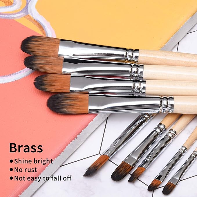 Artist Filbert Paint Brushes Set,9 Pcs Professional Painting Kits with Long Handle Soft Nylon Hair Filbert Brushes for Acrylic Oil Watercolor Gouache