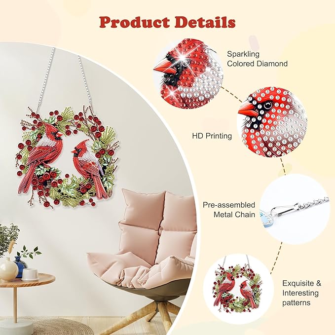 HEIBAGO Cardinal Diamond Art Hanging Kits for Adults Kids, 5D Special Shaped Crystal Diamond Painting Kit Wreath, DIY Pattern Window Pendant Gem Art Kit for Home Wall Decor 8.3 x 8.3 Inch