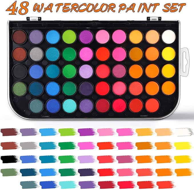 AROIC 48 Colors Watercolor Paint,Washable WaterColor Paint Set with a Refillable Water Brush Pen Travel Art Kit for Beginners & Artists Birthday Gift for Art Lovers 12 years old+