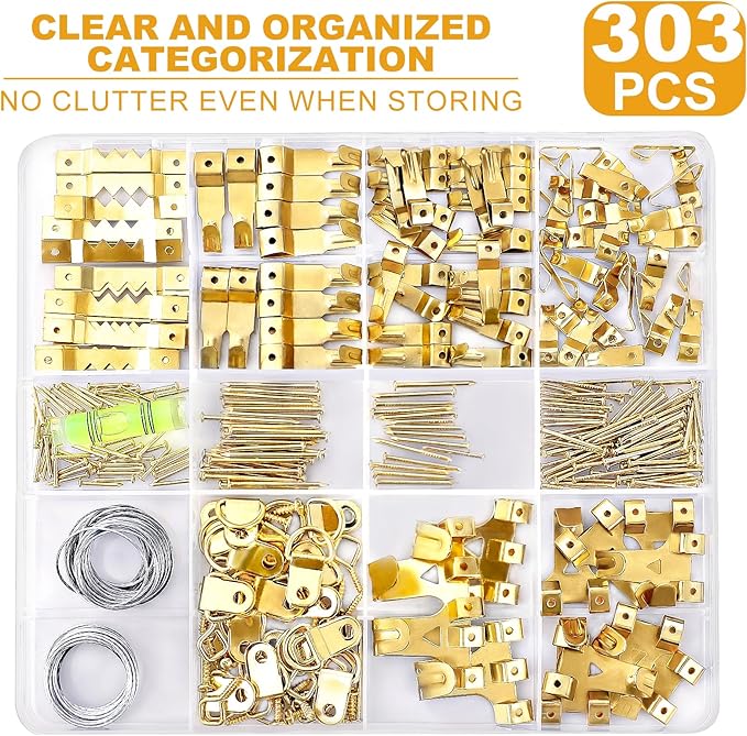 KURUI 303Pcs Picture Hanging Kit, Picture Hangers Assorted Kit with Heavy Duty Picture Hanging Hooks/Hardware Nails/Sawtooth/Wire/D Rings/Level, Metal Picture Wall Hooks for Frame Canvas Mounting