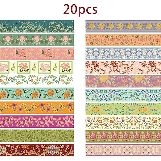 Gold Foil Floral Decorative Tape Set 20 Rolls Retro Washi Tape Aesthetic DIY Art Masking Tape for Kids Craft Notebook Planner Book Scrapbooking & Stamping Supplies Gift Wrapping