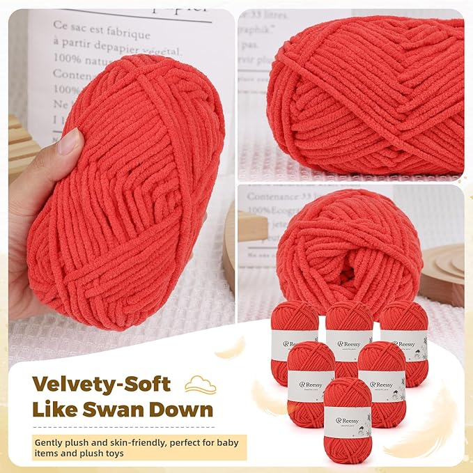 Bulky Chenille Yarn for Crocheting – 6 Pack of 50g/1.76oz Skeins, Pure Polyester, CYC #5 Bulky Weight – Ultra Soft Chenille Yarn Pack for Crafting Plush Toys, Blankets, Scarves(Coral Red)