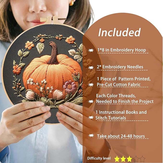 FONNUY Pumpkin Embroidery Kit for Beginners, Pre-Stamped Pattern Kits for Adults with Hoop, Easy to Follow Color Thread Needlework, 8'' Hoop (Orange)