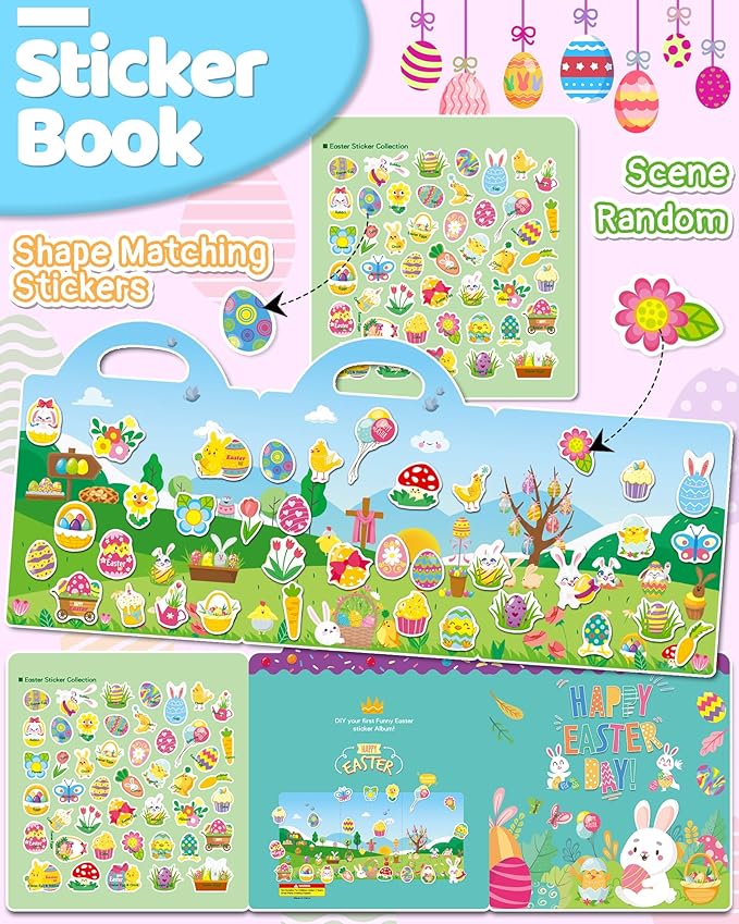 benresive reusable sticker books for kids, sticker books for toddlers, toddler travel toys activities crafts ages 3 and up birthday gifts - easter