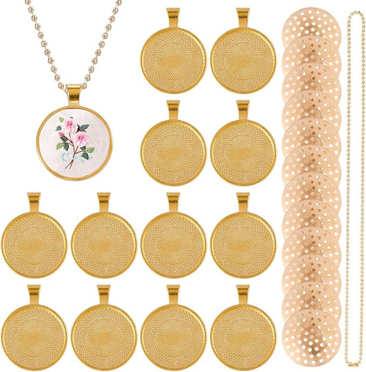 CHGCRAFT 12 Set Embroidery Pendant Tray Set Alloy Embroidery Pendant Kit Round Bezel Pendant Trays Blank Frame with Chain for DIY Jewelry Making Crafts Projects