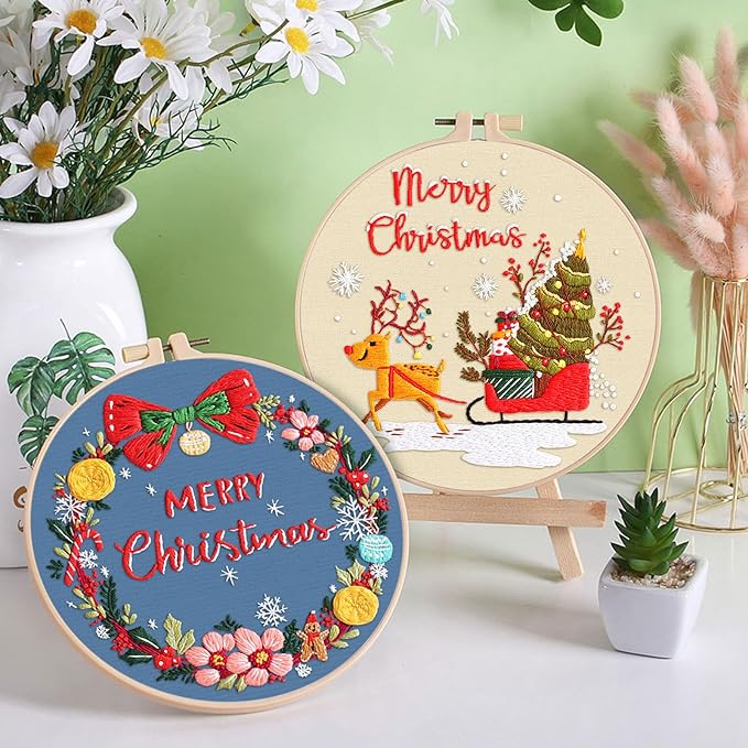 ERKOON 4 Sets Embroidery Kit for Beginners, Christmas Cross Stitch Set with Easy Pattern Embroidery Cloth Hoops Threads for Craft Lover Hand Stitch