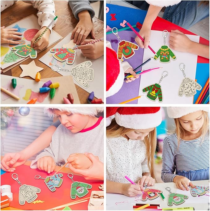 Trnayi 36 Pcs Christmas Ugly Sweater Crafts Unfinished Wooden Keychains Color Your Own Ugly Sweater Ornament DIY Blank Wood Painting Keychains for Adults Key Ring Art Pendant Xmas Tree Decor