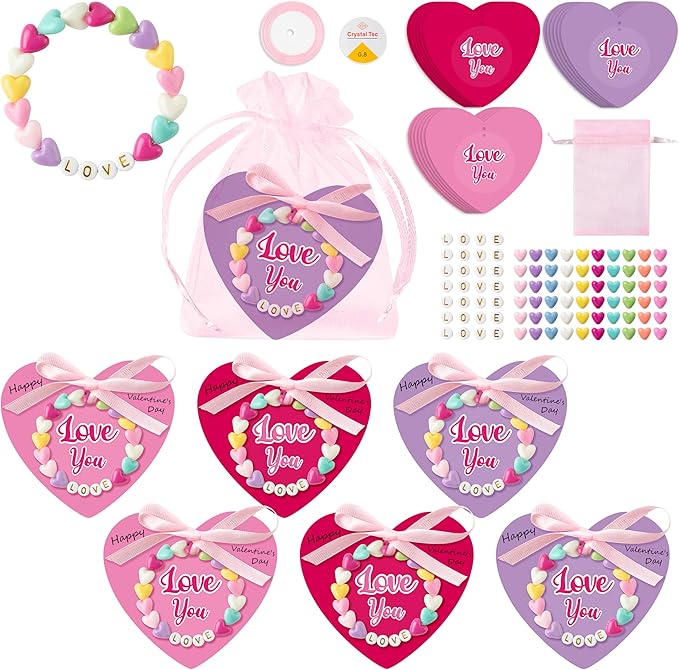 BeYumi DIY Bracelet Craft Kit - 24 Pack Mother's Day LOVE Letter Beads Bracelets with Heart Greeting Cards and Bags Thankful Craft Kit to Mother Grandma School Classroom Party Fun Activities Ages 6-12