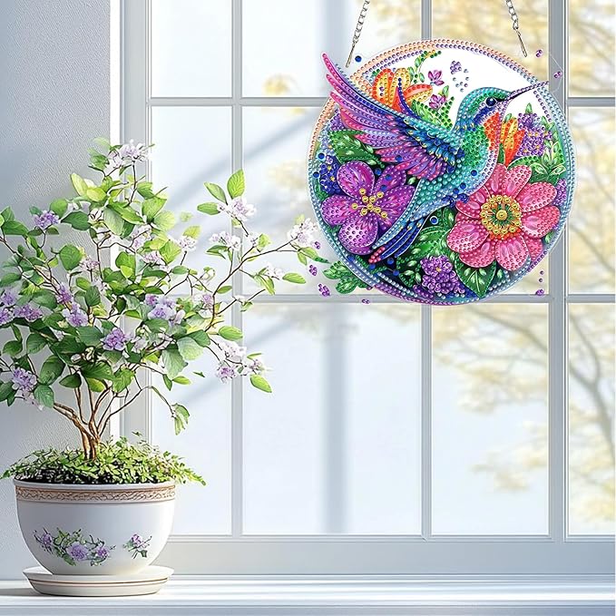 QENSPE Diamond Art Hanging Kits for Adults, 5D Hummingbird Special Shape Diamond Paingting Ornaments with Chain, DIY Flowers Crystal Window Pendants for Home Wall Decor Double Sided 8X8 inch