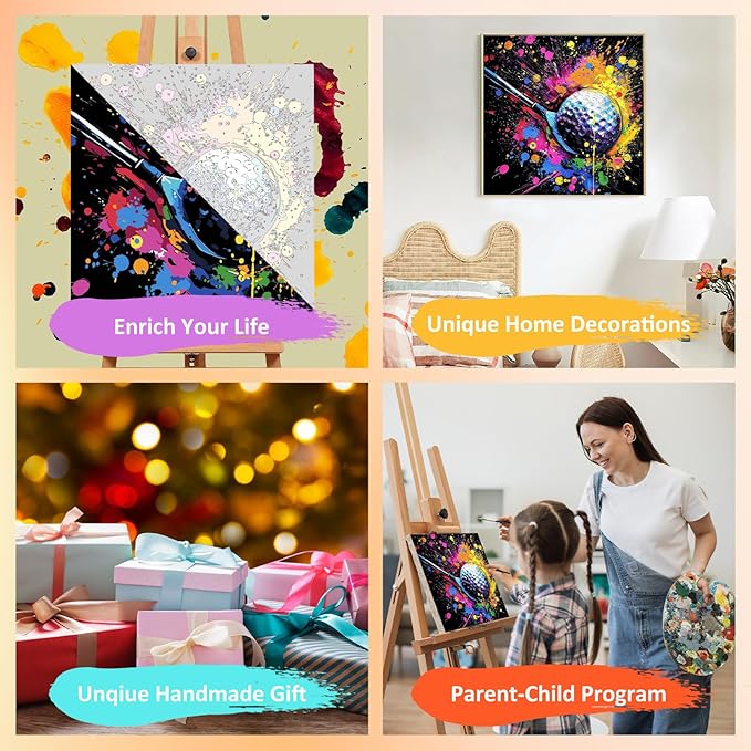 Paint by Numbers Kit for Kids with Frame, Golf Paint by Numbers for Kids Ages 4-8-12, DIY Golf Acrylic Oil Painting for Home Wall Art Decor Gift 7.8x7.8 inch (with Frame Wooden Easel)