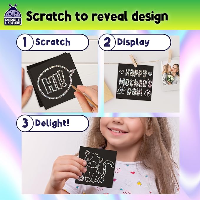 Purple Ladybug Silver Holographic Scratch Art Mini Notes - Scratch Art Notes Kids Games, Summer Activities for Kids, Teens, Boys, Gifts for Kid Arts & Crafts Supplies Summer Craft Kit