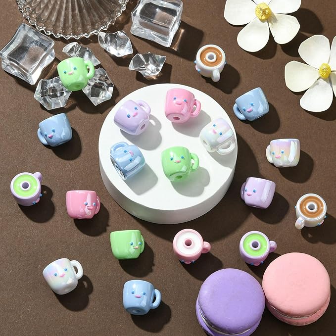 Ipotkitt 30 Pcs Colorful Opaque Acrylic Coffee Cup Beads Drink Tea Milk Mug Beads Cartoon Cute Cup Shaped Beads for Jewelry Making DIY Crafts Supplies