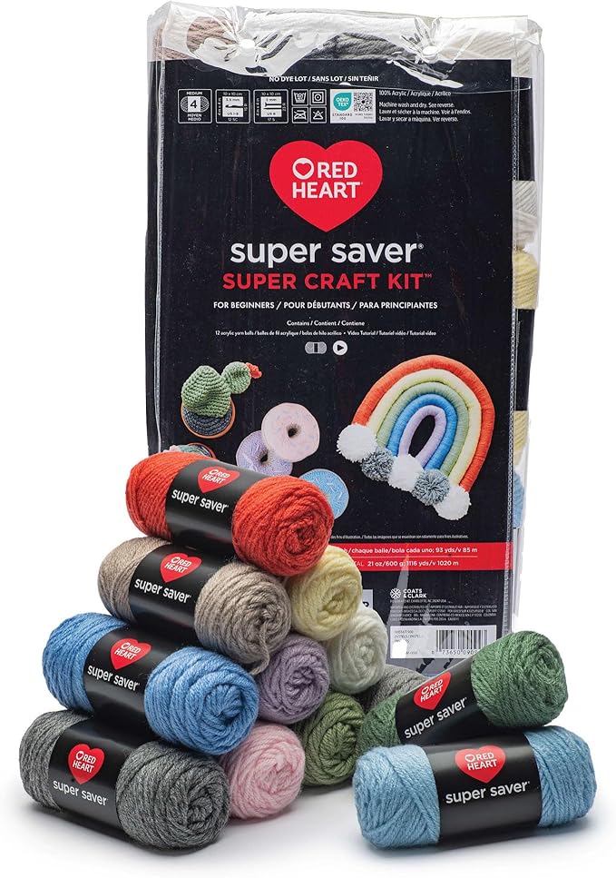 Red Heart Super Saver Yarn Super Craft Kit Pastels, with 12 Pack of 50g/1.7 oz. 4 Medium Worsted Yarn for Knitting & Crocheting, 12 Colors, Perfect for Chunky Sweaters, Blankets, Amigurumi