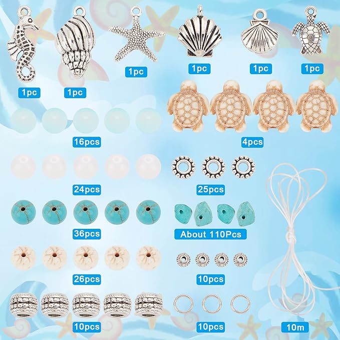 SUNNYCLUE 1 Box 277Pcs DIY Turtle Beads Beading Bracelets Making Kit Tortoise Charms Summer Hawaii Ocean Starfish Seahorse Charm Sea Shell Charms for Jewelry Making Kits Adult Women Handmade Craft