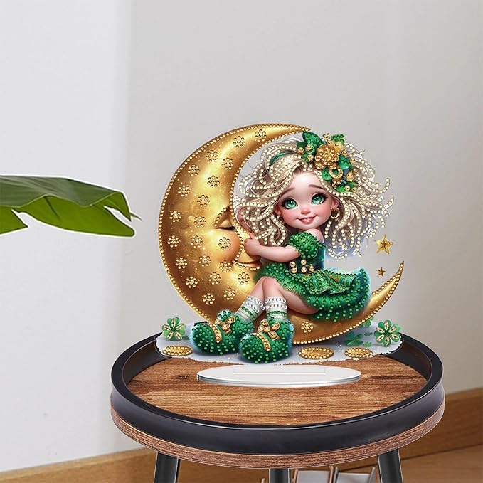 DIY Dot Diamond Desktop Easter Creative Ornaments Diamond Art Painting by Number Embroidery Arts and Crafts Easter for Home Office Garden Decoration (Single Side Dot Diamond)-Crescent Moon
