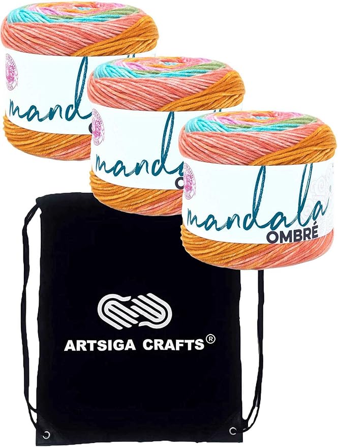 Lion Brand Mandala Ombre Tranquil 551-205 (3-Skeins - Same Dye Lot) Worsted Medium #4 Acrylic Yarn for Crocheting and Knitting with Project Bag