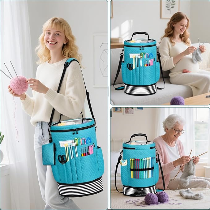 IBFUN Crochet Yarn Knitting Bag 3PCS - Expandable Yarn Storage Organizer Crocheting Bag with Accessories Cases Adjustable Strap for Hooks, Needles, Accessories, Crochet Lovers, Supplies, Beginners