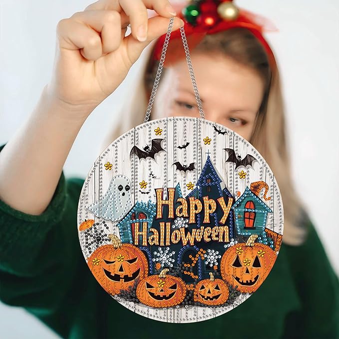 Pavemlo Hanging Diamond Art Kits for Adults Halloween Pumpkin – 8x8 Inch Double-Sided Acrylic Board DIY Crystal Diamond Suncatcher Pendant, Sparkling Home Wall or Window Decoration Handmade Gift