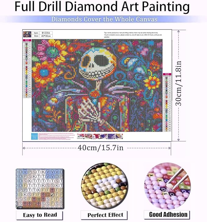 Halloween Diamond Art for Adults, Skullhead Jack Diamond Art Painting Kits for Adults Beginners, 5D Full Drill Nightmare Before Christmas Paint With Diamonds Gem Art Crafts Kits for Home Decor 12x16in