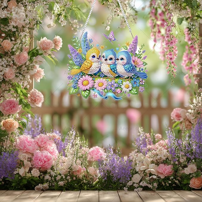 Aeepics Hanging Diamond Art Kit for Adult, DIY Diamonds Painting Pendant Ornament Kit, Acrylic Diamond Art Painting Board Kit (Birds)