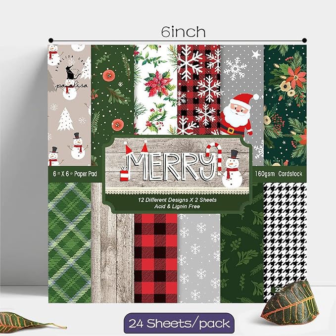 YASMEN Scrapbook Paper Pad 6"×6" - 24 Sheets Christmas Scrapbooking Supplies Kit, Single-Sided Patterned Cardstock Pads for Card Making, Designer Planner Journals, Background Borders, Greeting Cards