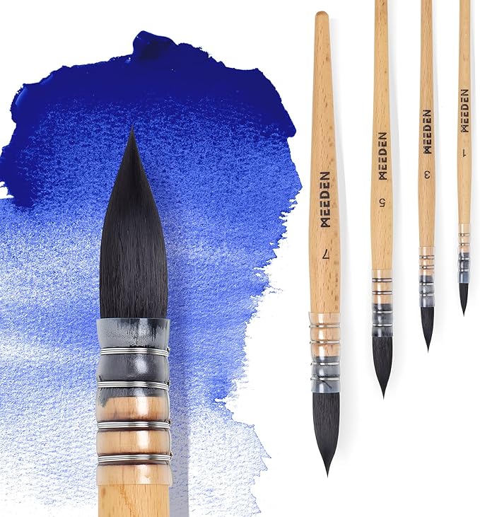 MEEDEN Watercolor Brushes Professional - 4 Pack Synthetic Squirrel Hair Artist Paint Brushes Set with Beech Wood Handle Great for Artists Hobbyists