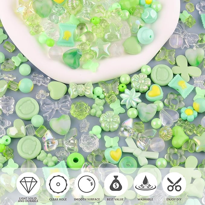 200-260pcs tinkrstuff assorted green acrylic beads for bracelet making, cute beads for jewelry making flower bow butterfly candy gummybear aesthetic bracelet charms, diy necklace keychain phone charm