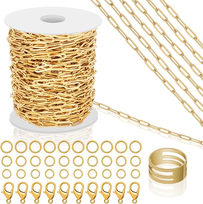 43ft Gold Chain for Jewelry Making 18k Gold Plated Stainless Steel Paperclip Chain Roll for Charm Bracelet Necklace Jewelry DIY Craft Accessories with 10 Pcs Lobster Clasps and 30 Pcs Jump Rings