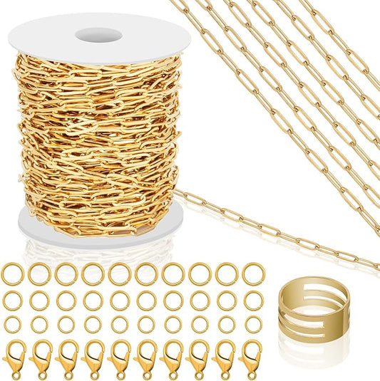 43ft Gold Chain for Jewelry Making 18k Gold Plated Stainless Steel Paperclip Chain Roll for Charm Bracelet Necklace Jewelry DIY Craft Accessories with 10 Pcs Lobster Clasps and 30 Pcs Jump Rings