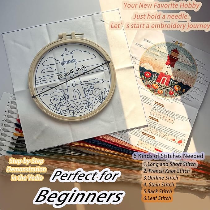 FONNUY Embroidery Kit for Beginners, Lighthouse Landscape Flowers Pre-Stamped Pattern Kits for Adults with Hoop, Easy to Follow Color Thread Needlework, 8'' Hoop (Blue and Orange)