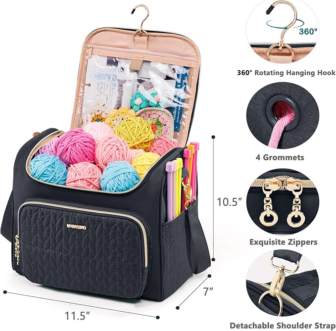 MYBAGZING Crochet Bag Organizer, Quilted Storage Bag with Hanging Hook, Yarn Holder for Knitting & Crochet Accessories, Crochet Gift for Mother's Day