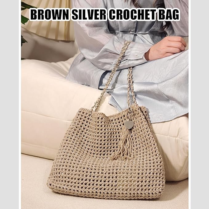 Herally Crochet Kit DIY for Beginners - Include Yarn, Hook and Accessory - with Step by Step Video Tutorials - Shining Tote Bag (Light Brown)