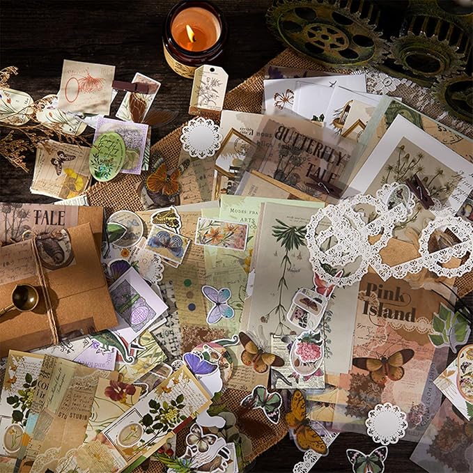 Esweny 251PCS Vintage Scrapbook Supplies Pack, Scrapbooking Paper and Stickers Ephemera Bundle Junk Journal Kit for Art Aesthetic Journaling Collage Decoupage Craft (Flowers and Birds)