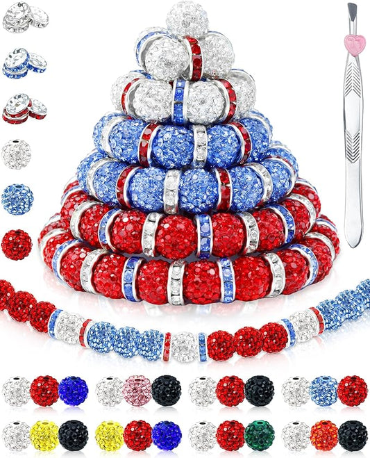 180pcs fiveizero 10mm rhinestone beads for jewelry making – sparkly round crystal clay beads & spacers in patriotic baseball team colors for bracelets, necklaces & diy crafts (sky blue, red, white)