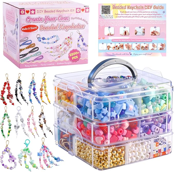 TOHONGADON 2200 PCS DIY Bag Charm Kits, Assorted 8 Colors Acrylic Heart Star Flower Letter Alphabet Beads, Beaded Keychain Making Kit for Women, Keychain Jewelry Making Kit with Beads