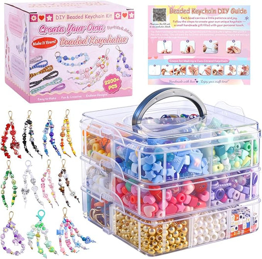 TOHONGADON 2200 PCS DIY Bag Charm Kits, Assorted 8 Colors Acrylic Heart Star Flower Letter Alphabet Beads, Beaded Keychain Making Kit for Women, Keychain Jewelry Making Kit with Beads