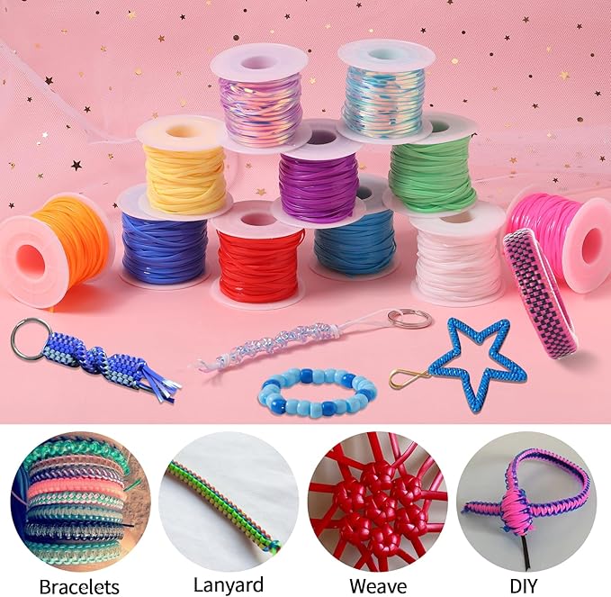 Candygirl Lanyard String, 12 Rolls Gimp String Plastic Lacing Cord Elastic String for Bracelet Keychains Boondoggle Making Kit DIY Craft Weaving Kit for Adult Kids Girls（787 Feet）
