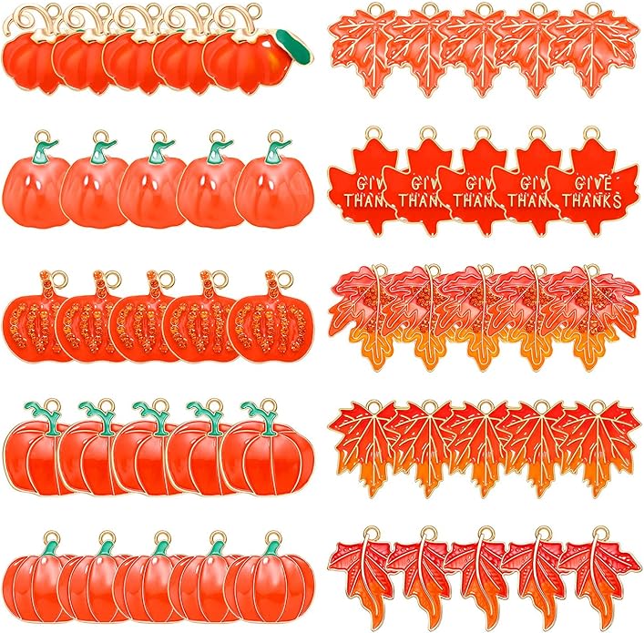 40/50PCS Fall Charms for Jewelry Making, Thanksgiving Pumpkin Maple Leaf Turkey Pendant Charms for DIY Autumn Bracelet Necklace Earrings Crafts