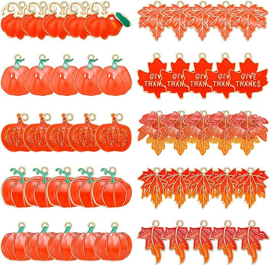 40/50PCS Fall Charms for Jewelry Making, Thanksgiving Pumpkin Maple Leaf Turkey Pendant Charms for DIY Autumn Bracelet Necklace Earrings Crafts